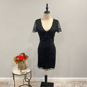 Verte Black Sequins & Beads Embellished Cap Sleeves Mini Gown - Size M - Reemoly